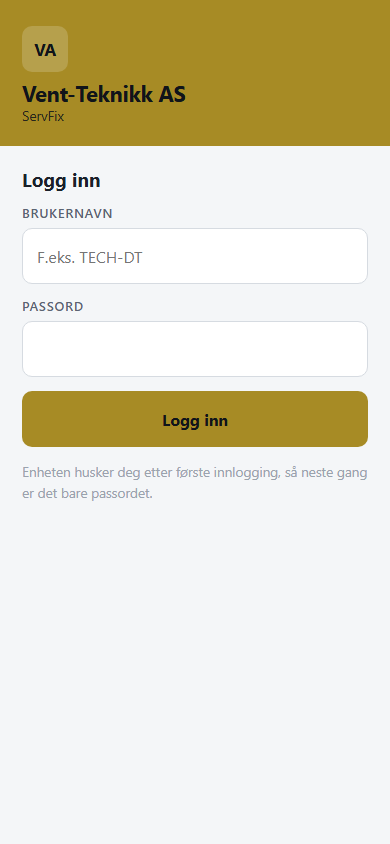 Mobilens innlogging med Brukernavn, Passord og Logg inn.