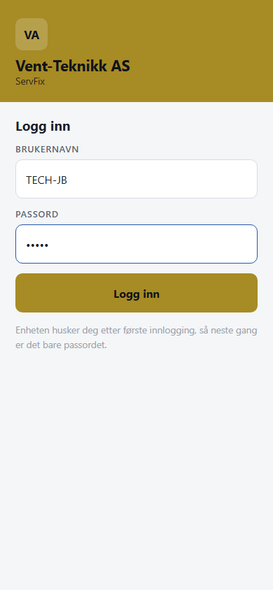Mobilinnlogging med tekniker-ID utfylt og passord maskert.