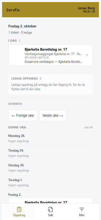 Teknikerens oppdragsoversikt etter innlogging.