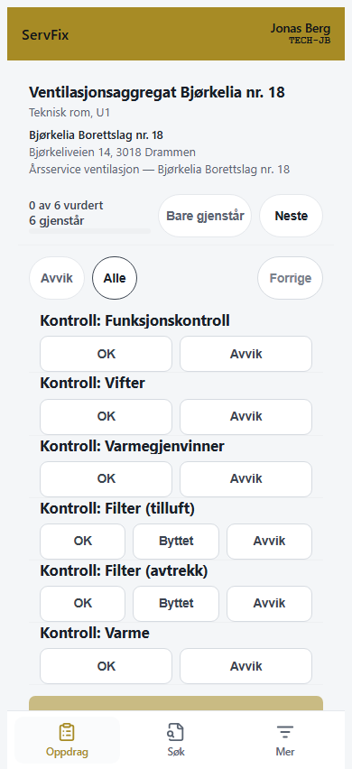 Sjekklisten etter at oppdragskortet er åpnet.