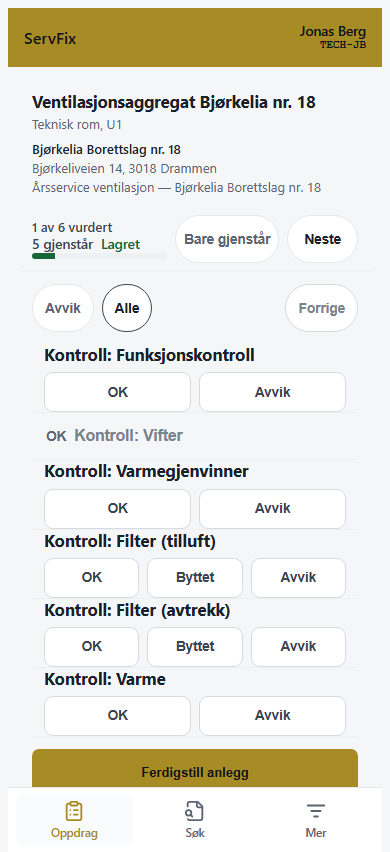 Sjekklisten med Vifter besvart OK og lagringsstatus Lagret.