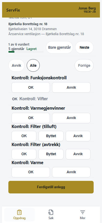 Punktet Filter (tilluft) med Avvik-knappen før registrering.