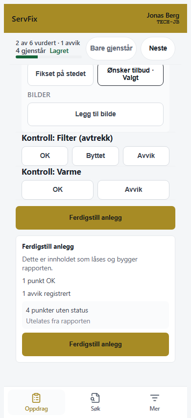 Ferdigstillingsarket med antall OK-svar, avvik og punkter uten status.