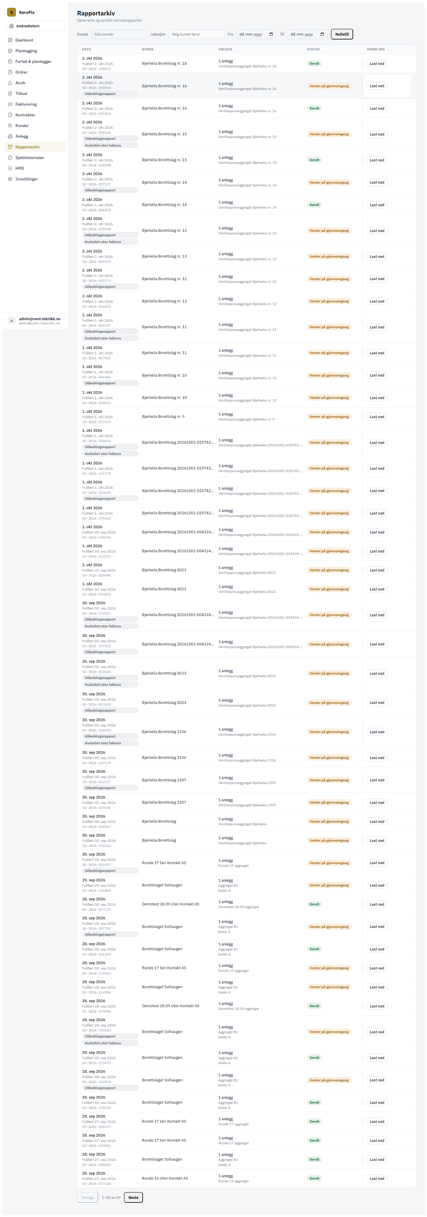 Rapportarkivet med den aktuelle servicerapporten merket Sendt.