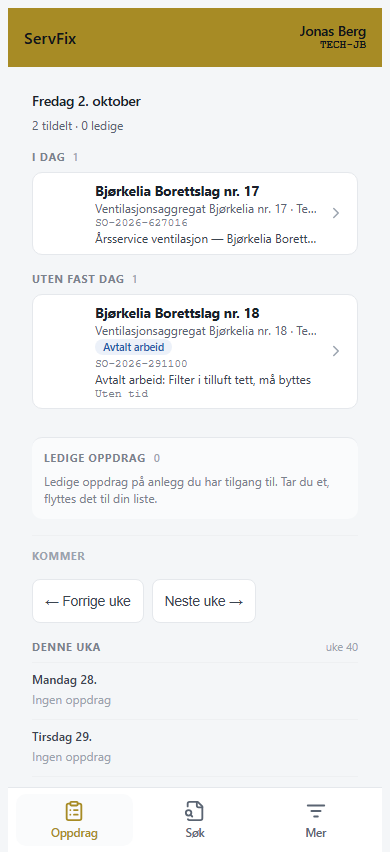 Teknikerens forside med arbeidsordren tildelt etter Ta oppdrag.