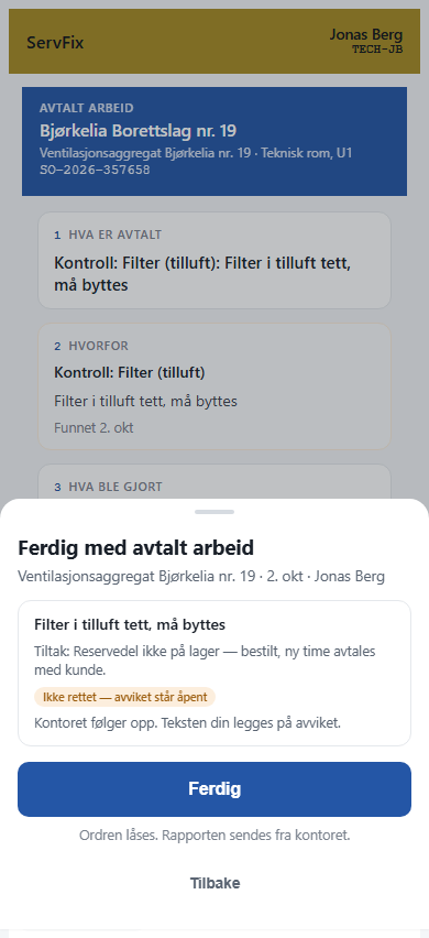 Bekreftelsesarket med Ikke rettet — avviket står åpent og kontorets oppfølging.