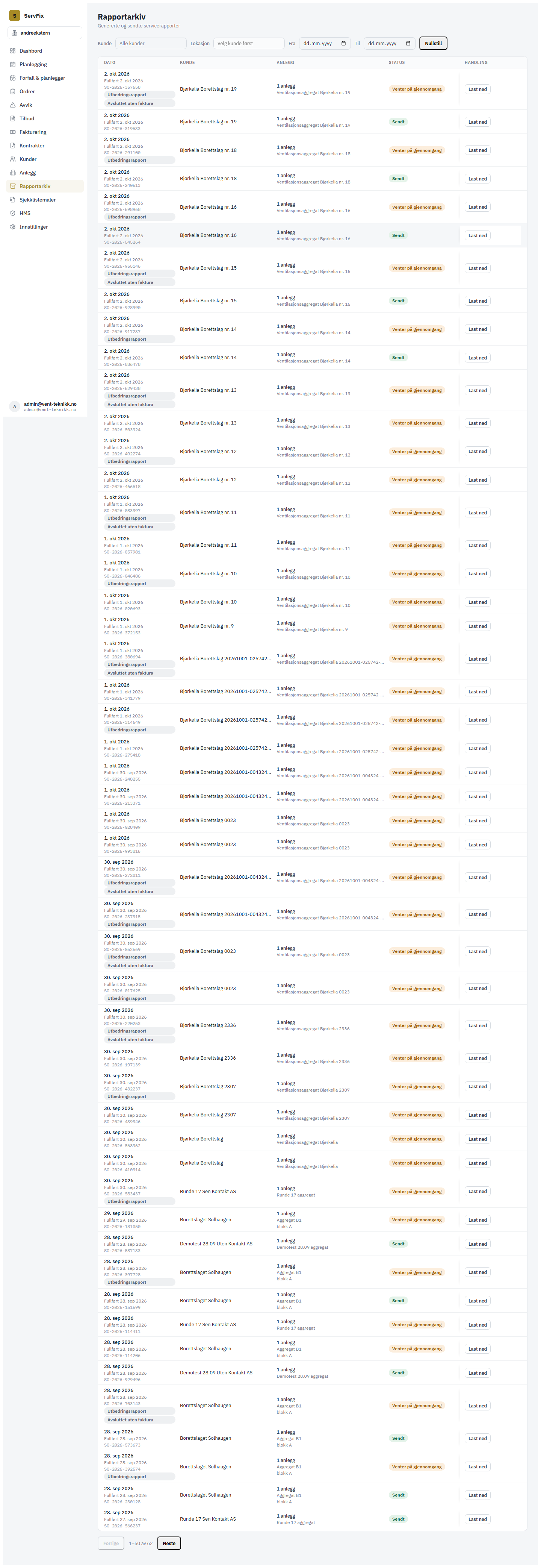 Rapportarkivet med Utbedringsrapport og Avsluttet uten faktura.